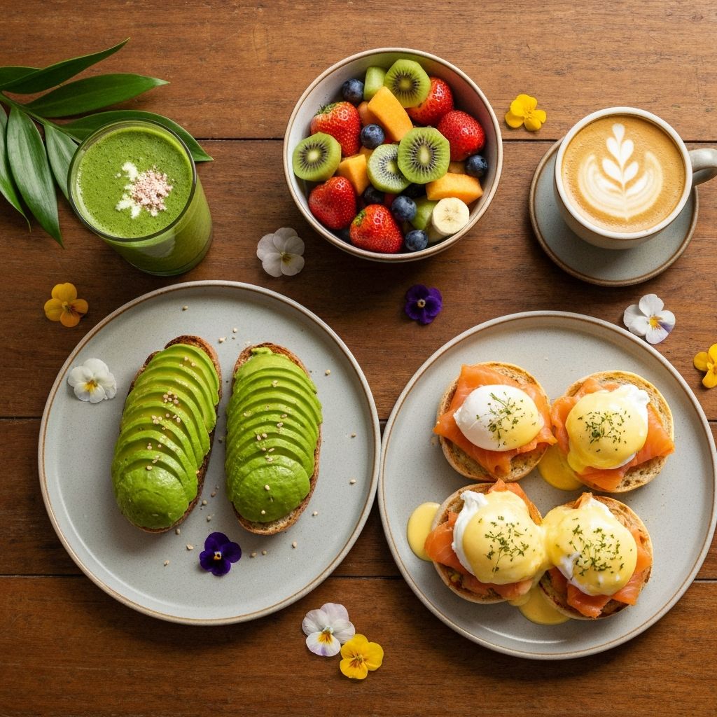 Seasonal brunch spread at House of Hubert — eggs Benedict, fresh fruit, green smoothie and organic coffee