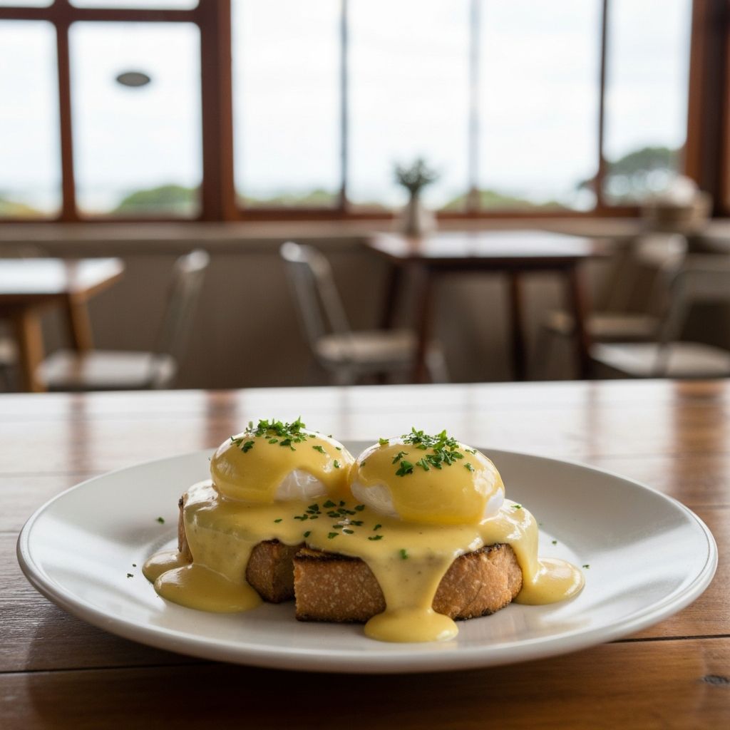 Golden eggs Benedict on toasted sourdough at House of Hubert