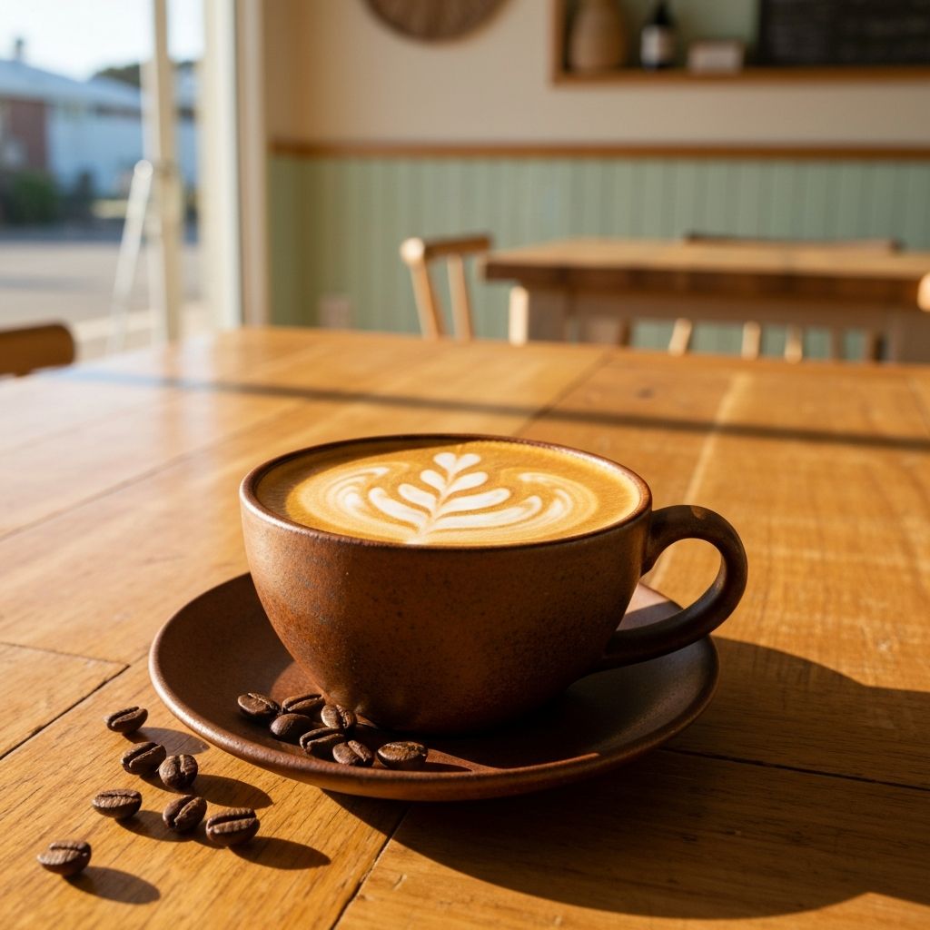 Artisan latte with leaf art in a ceramic cup at House of Hubert