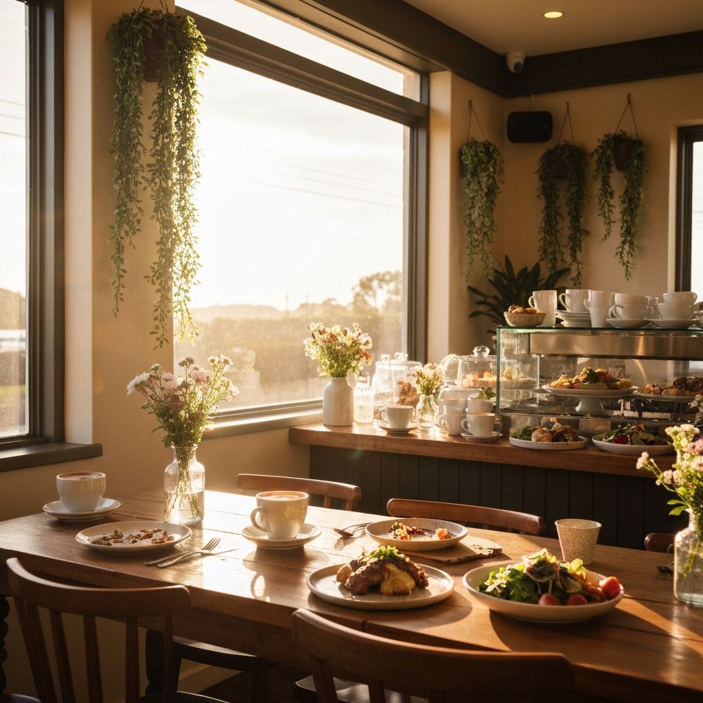 House of Hubert café interior — warm morning light, wooden tables and fresh coffee