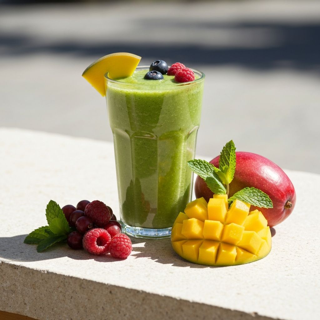 Vibrant green smoothie with fresh tropical fruit at House of Hubert